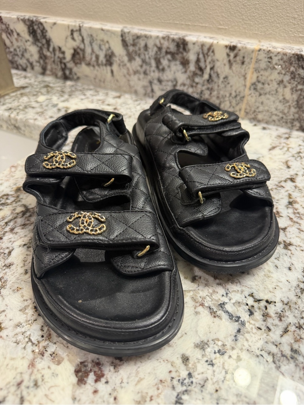 Black Quilted Chanel Strap Sandals